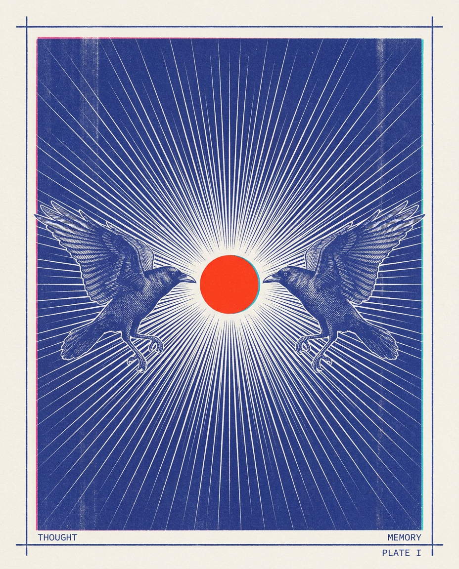 Two crows in mirrored profile flanking a red orb, engraved plate: Thought and Memory.