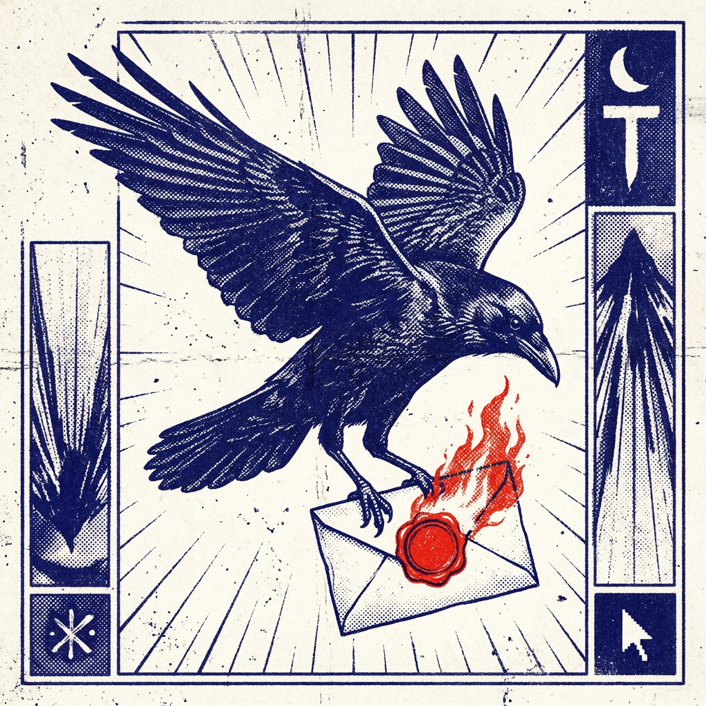Engraved crow in flight carrying a sealed letter.