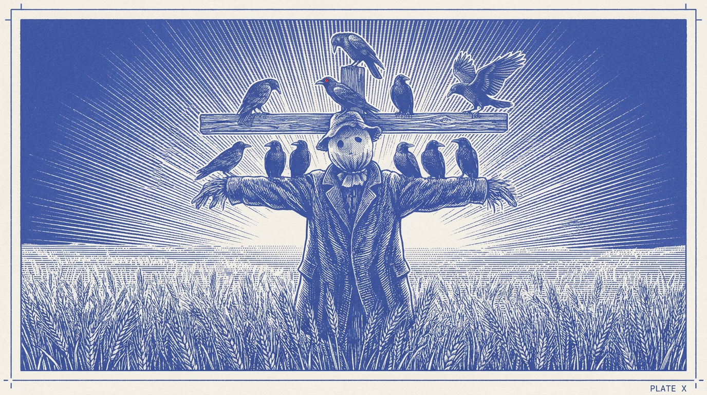 A scarecrow in a wheat field at dawn, covered in perched crows.